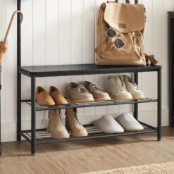 ACAZA XL Garderoberek Met Schoenenbank, Kapstok En Schoenenrek, 11 Haken, Zwart -Modern Home Shop 1000034356 0103